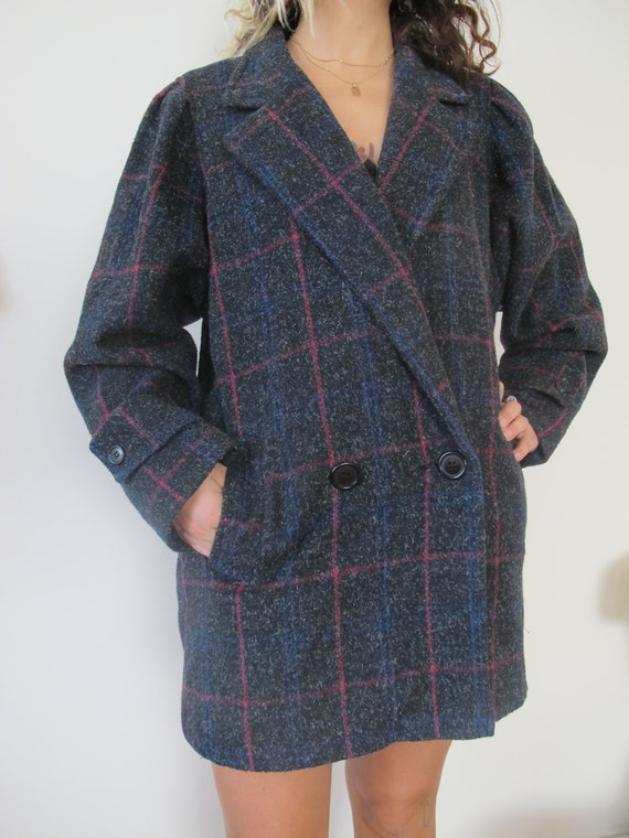 m/l 90s peacoat - dark charcoal grey plaid - women