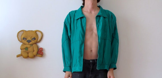 m/l 80s 90s green silk jacket quilted zip up bomb… - image 1