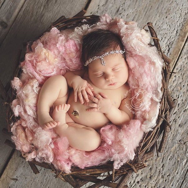 Cherry Blossom Fairytale Fluff - newborn photo prop - loose blend of wool curls and mulberry silk - light pink - basket stuffer