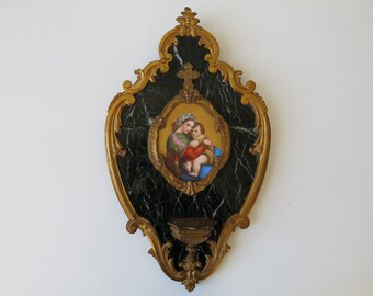 MADONNA & CHILD STOUP - Late 19th century Italian marble and bronze wall font with hand painted porcelain medallion after Raphael