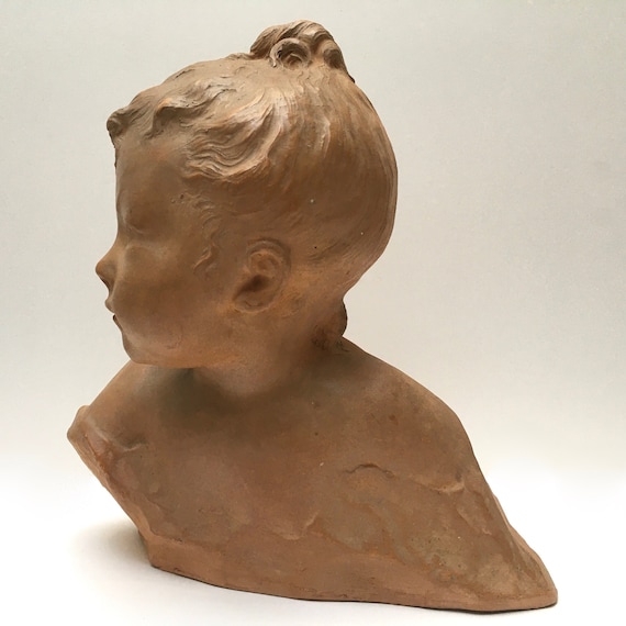 Antique Terra-cotta Bust – Little Girl Sculpture by Marcel Andre 
