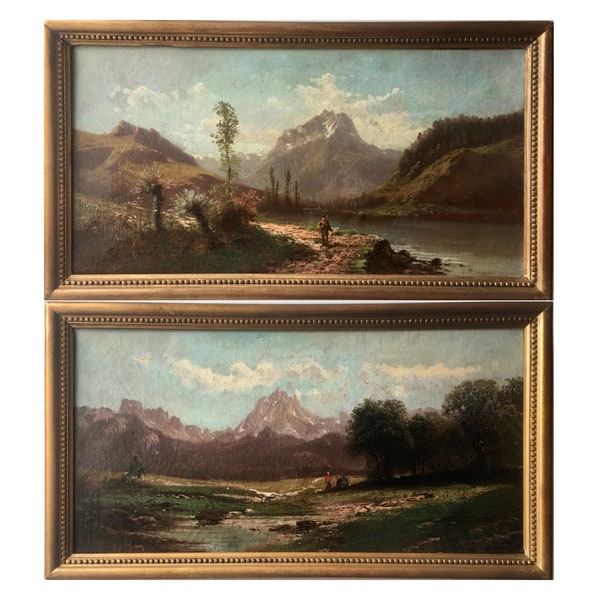 PAIRE DE TABLEAUX DE PAYSAGES - Peintures à l'huile encadrées représentant les Pyrénées du début du XXe siècle par Godchaux