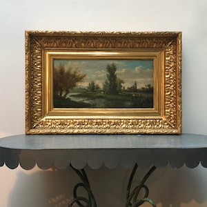BARBIZON OIL LANDSCAPE - 19th century French Barbizon school of painting of riverscape with cows