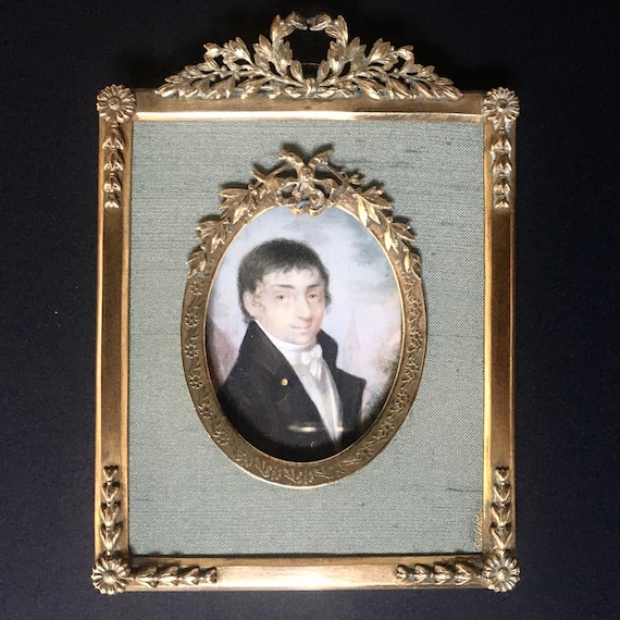 Antique French Miniature Portrait – 19th Century Gentleman in Bronze Easel Frame