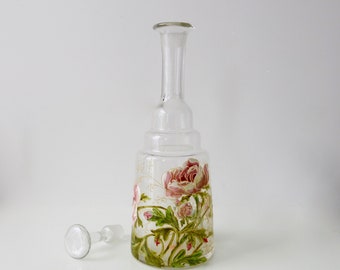 MONT JOYE DECANTER - Rare enameled French glass decanter with stopper with large decor of roses circa 1910