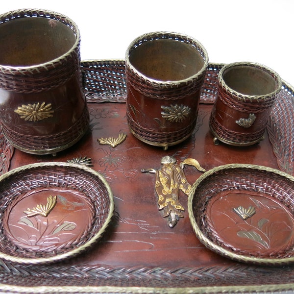 MEIJI VANITY SET - 19th century Japanese woven copper and brass tray, cups and dishes with brown lacquer and shakudo ornaments
