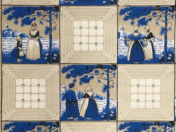 ART DECO WALLPAPER Rare Delft Blue Tiles Wallpaper With | Etsy