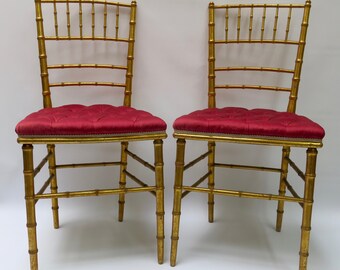 ANTIQUE CHIAVARI CHAIRS - Pair of ravishing upholstered faux gilded bamboo opera chairs from the late 1800's from France
