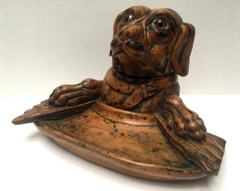 Antique Black Forest Style Dog Inkwell - Large 19th Century Hand Carved Wood Inkstand, Glass Eyes & Liner, Hinged Head Desk Set, Swiss Style