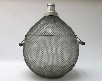 VINTAGE DAME-JEANNE - Large mesh clad glass demijohn bottle with wooden handles from France