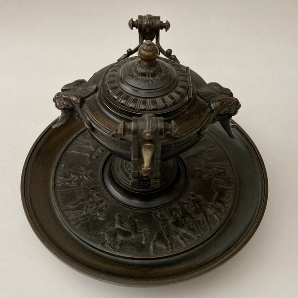 ANTIQUE DESK BELL - 19th century French Neo-classical incense burner shaped bell with classical frieze and lion head decor