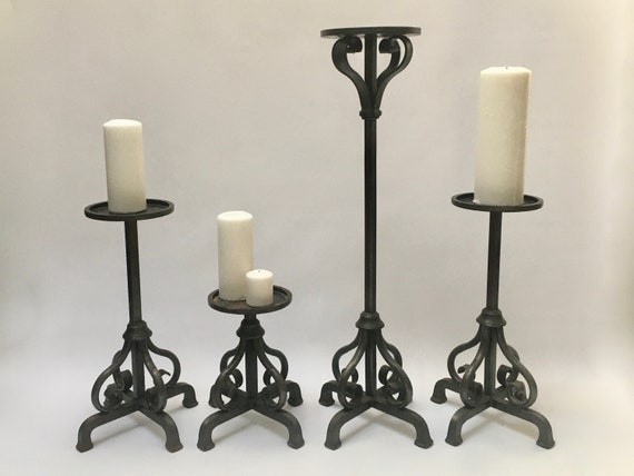 OVERSIZED CHURCH CANDLEHOLDERS Set of 4 Large 19th Century Wrought Iron  Church Pillar Candle Holders From France 