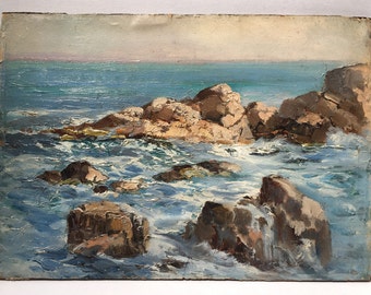 VINTAGE MEDITERRANEAN SEASCAPE - Unframed 20th century oil on wood panel of rocky shores by the French Provencal artist Honore Camos