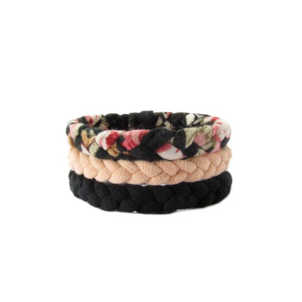 Three Braided Fabric Bracelets in Black, Pink and Floral Print, Cotton Tshirt Yarn, Everyday Bracelets, Urban Style, Friendship Bracelets
