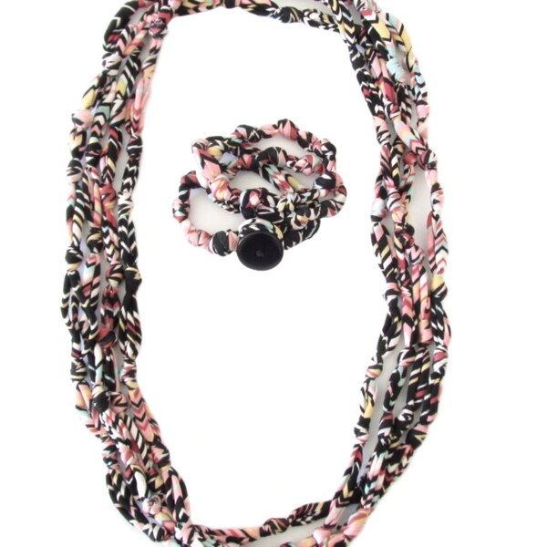 Collana Rosa Multicolore di Stoffa, Anello Infinito, Collana e Bracciale con Nodi, Collana Rosa Estiva, Gioiello Estivo di Tessuto, Regalo