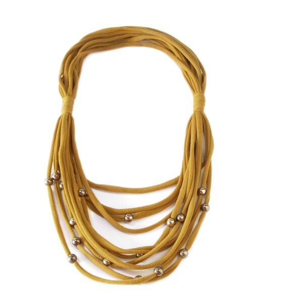 Multi Strand collana con perle, collana di senape tessuto, tessuto gioielli, stile urbano, a strati collana, regalo di compleanno, riciclato Tshirt