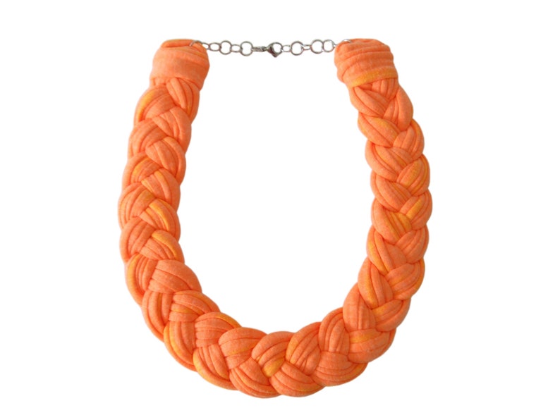 Statement Necklace Orange Neon Tshirt Yarn Necklace Textile Jewelry Neon Fabric Necklace Summer Bright Necklace Bib Braided Necklace