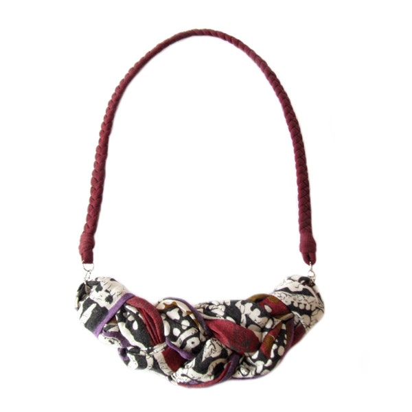 Earthquake Italy Aid, Burgundy Bib Necklace, Bordeaux Fabric Necklace, Braided Fabric Necklace, Tribal Bib, African Jewelry, Summer Necklace