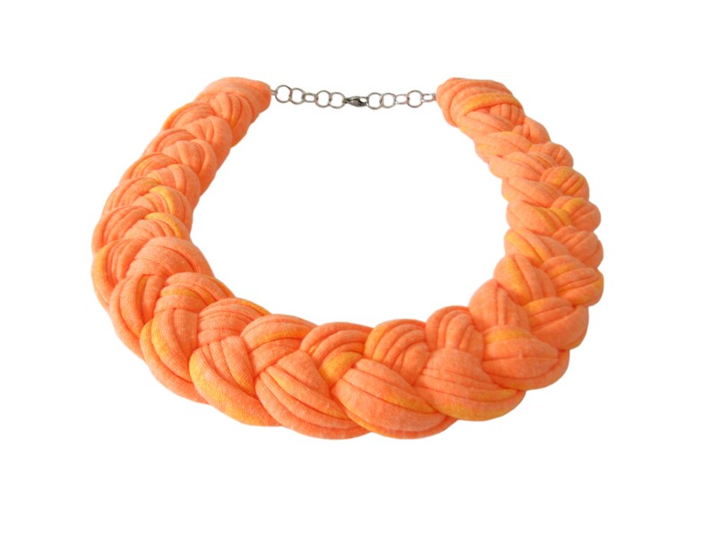 Statement Necklace Orange Neon Tshirt Yarn Necklace Textile Jewelry Neon Fabric Necklace Summer Bright Necklace Bib Braided Necklace