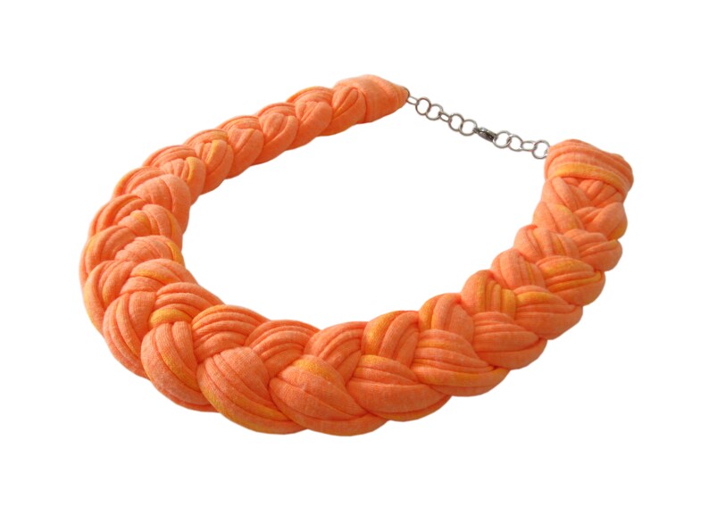 Statement Necklace Orange Neon Tshirt Yarn Necklace Textile Jewelry Neon Fabric Necklace Summer Bright Necklace Bib Braided Necklace