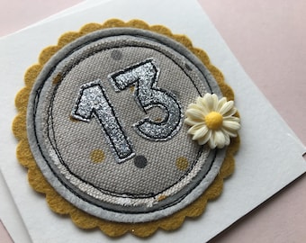 Hand sewn 13th birthday card, glitter number, resin flowers