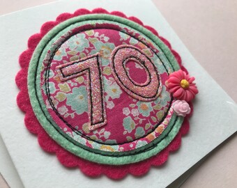 hand sewn 70th birthday card, glitter number, resin flowers