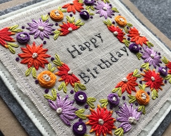 Handmade Happy birthday Embroidered Floral Card
