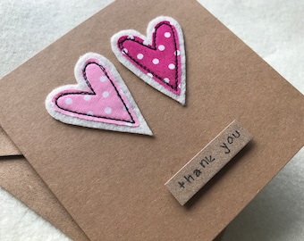 Handmade Thank You Card with Fabric Hearts