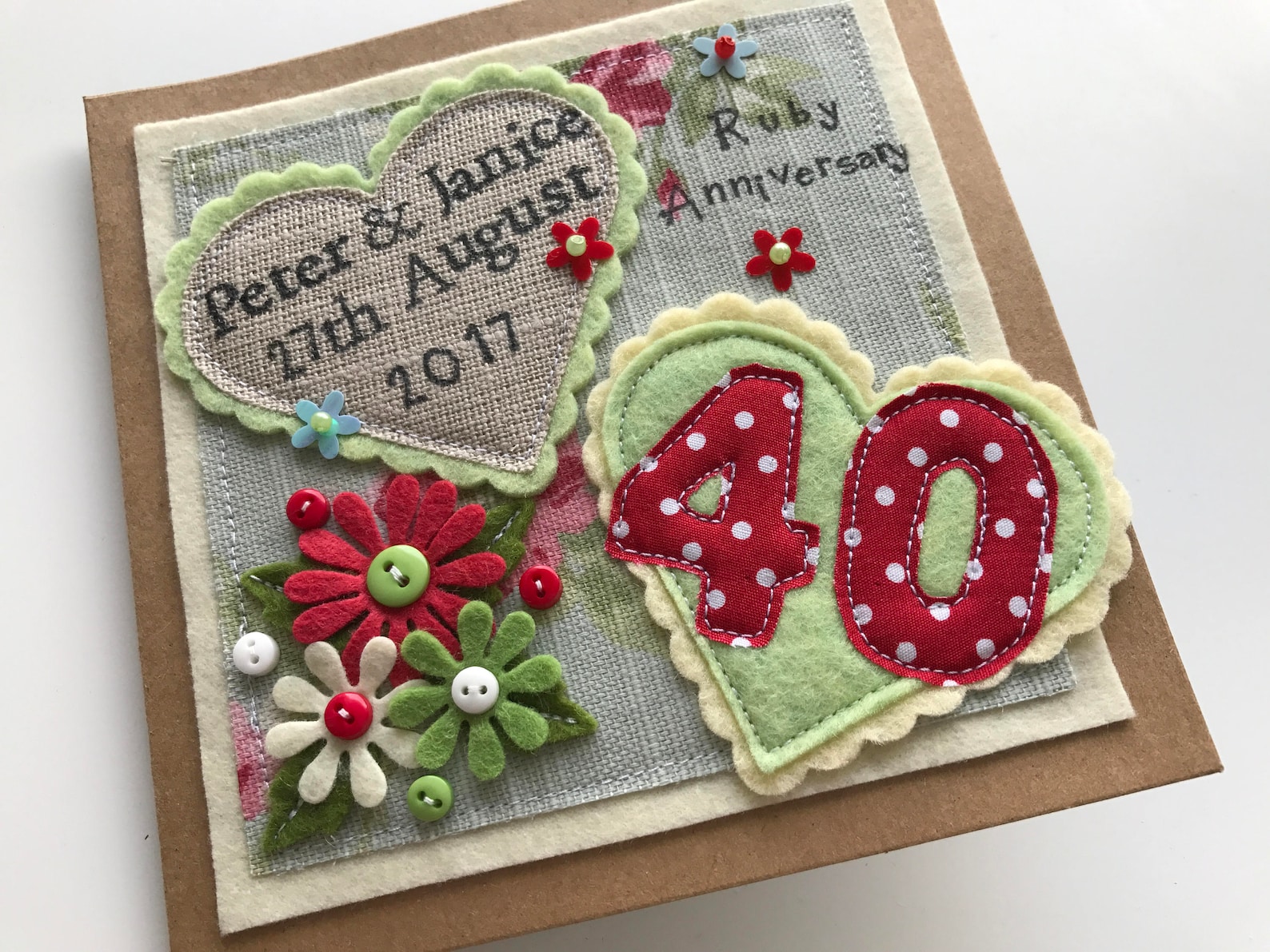 Handmade Ruby 40th Anniversary Card | Felt Flowers - Etsy UK