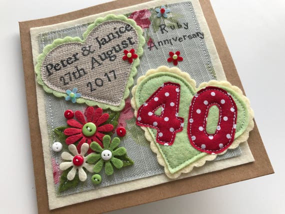 Handmade Ruby 40th Anniversary Card | Felt Flowers