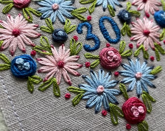 handmade floral embroidered 30th card