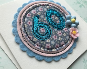 hand sewn 60th birthday card, glitter number, resin flowers