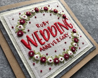Hand Embroidered Ruby Wedding Anniversary Card, Floral 40th Anniversary