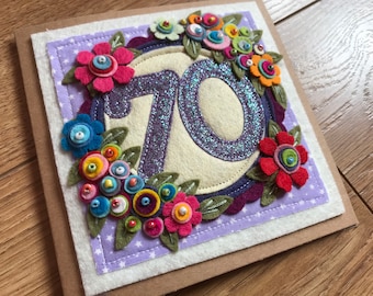 Hand Sewn 70th Birthday Card, Felt Flowers, Glitter Number