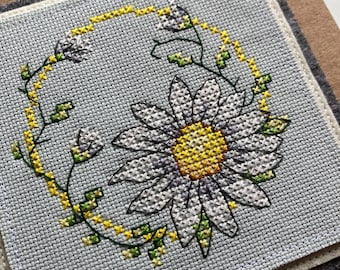 Cross Stitched Daisy Card, Handmade 6x6 Thank You Card