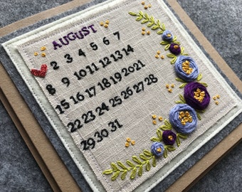 Handmade embroidered birthday card, glitter heart