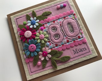 Handcut Felt 80th Birthday Card | Floral Button Detail