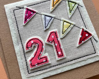 Handmade fabric 21st birthday card, fabric bunting