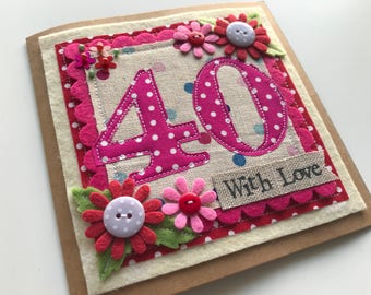 Carte faite main pour 40e anniversaire | Fleurs en feutre et paillettes