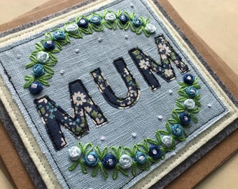 Hand Embroidered Mum Card, Floral Rose Appliqué, Stitched Greeting Card