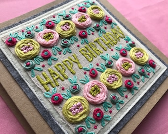 Hand Embroidered Floral Birthday Card for Mum, Sister, Daughter