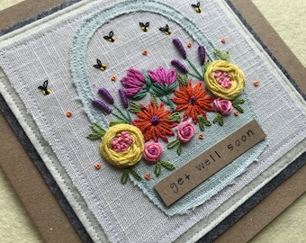 Handmade Embroidered Floral Card, Get Well Soon