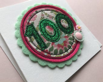 Hand sewn 100th card, glitter fabric 100, resin flowers