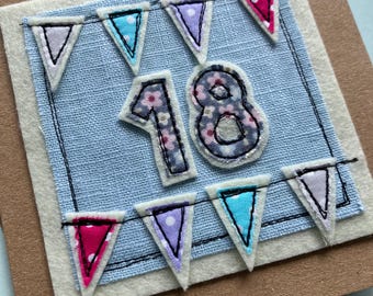 Handmade fabric 18th birthday card, fabric bunting