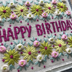 Happy birthday, happy birthday mum, happy birthday sister, embroidered birthday card, female birthday card, handstitched birthday card