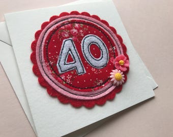 hand sewn 40th birthday card, glitter number, resin flowers