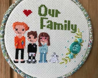 Family portrait, embroidered family portrait, wedding gift, cross stitch gift