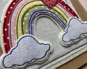 Handsewn rainbow card, fabric rainbow, glitter clouds