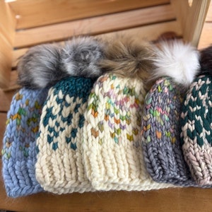 Kids Knitted Chunky Beanie with Faux Fur Pom Pom, Luxury Knit Children&#39;s Hat, Wool Knit Hat, Eco-Friendly Handmade Hat, Birthday Gift Idea