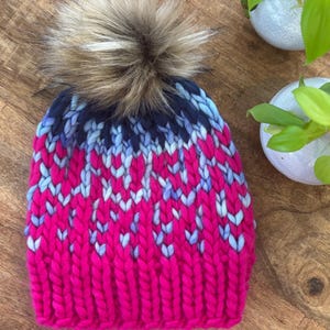 Hand Knit Wool Beanie: Cozy Winter Hat with Faux Fur Pom